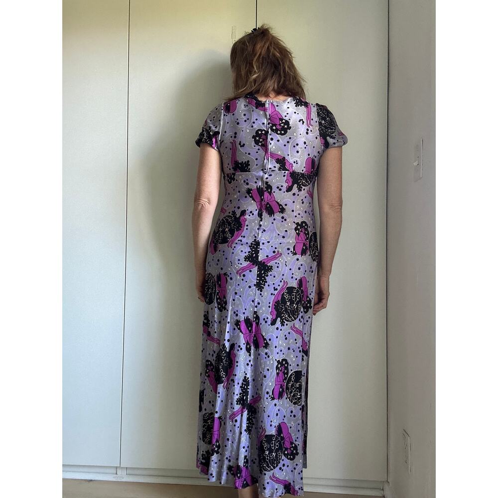 Vintage 70s Maxi Dress Sea Siren Print Purple Black Sexy Fit Side Slits Maxi - Picture 9 of 10